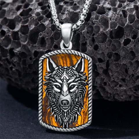 Sterling Silver Tiger Eye Wolf Pendant Necklace for Men