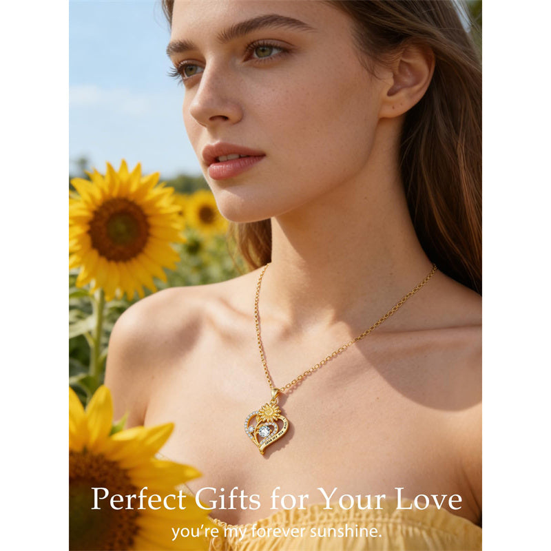 Sterling Sliver Birthstone Love Heart & Sunflower Pendant Necklace Engraved With You Are My Sunshine