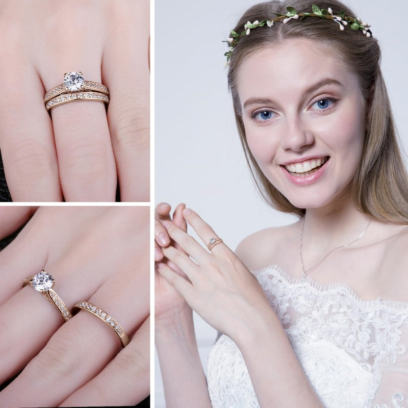 14K Gold Plated 1CT Cubic Zirconia  Wedding Eternity Band Engagement Ring Set for Women