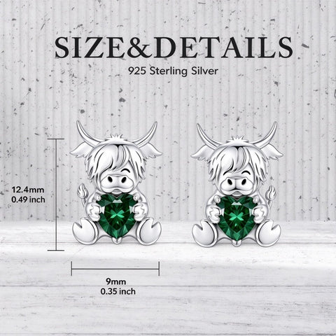 Sterling Silver 12 Month Birthstone Highland Cow Stud Earrings Christmas Gift