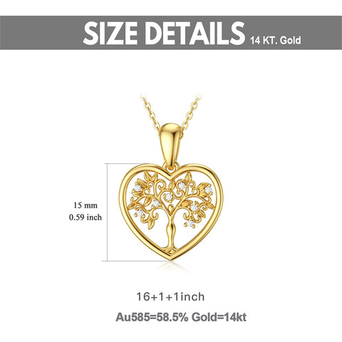 14K Solid Yellow Gold Tree of Life Necklace Dainty Pendant Necklace with Moissanite, Heart Necklace in 18 Inch for Women