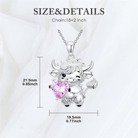 Sterling Silver Heart  Birthstone Highland Cow Pendant Necklace