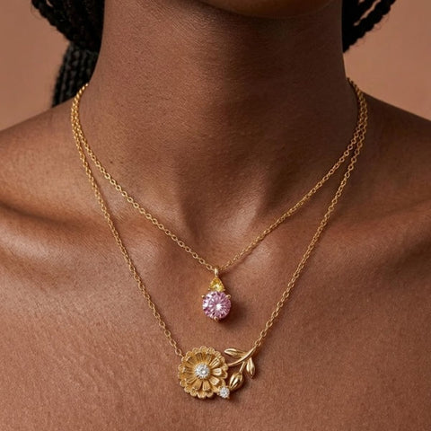 14K Gold Birthstone Birth Flower  Pendant Necklace Birthday Jewelry Gifts for Women