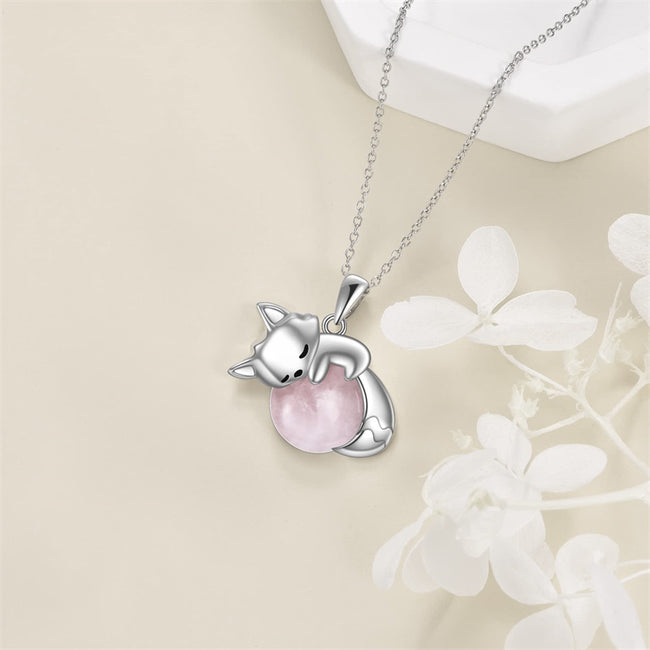 Fox Animal Necklace with Rose Quartz Pearl Sterling Silver