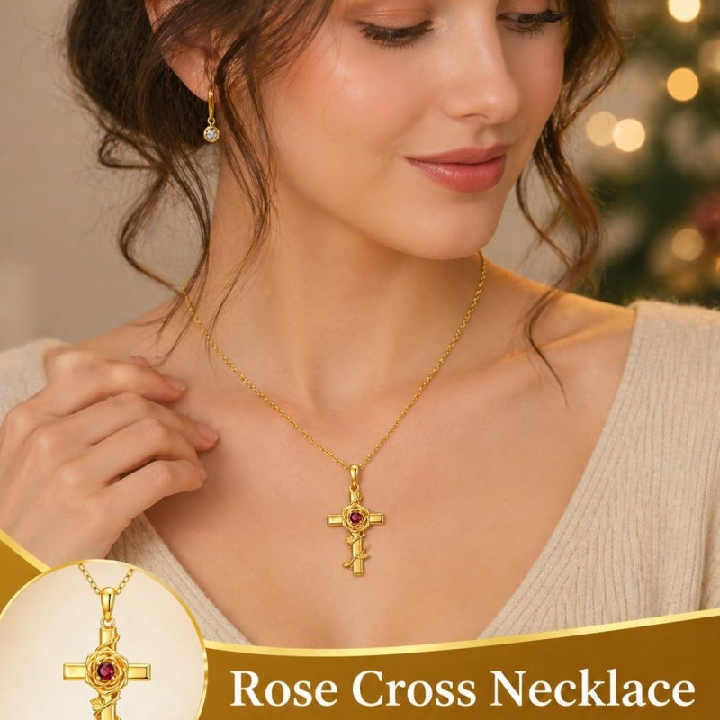 Birthstone Cross 14K Gold Plated Pendant Rose Cross Necklace for Women