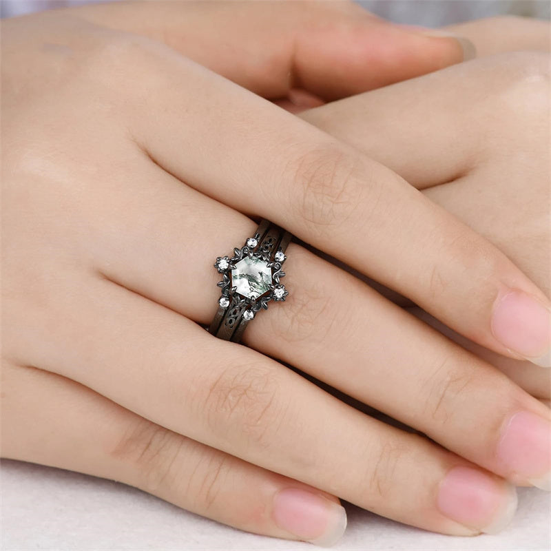 Sterling Silver 10K 14K 18K Gold 2CT Moss Agate Vine Leaf Women's Bridal Ring Sets for Wedding Engagement