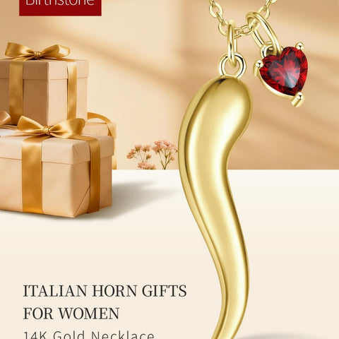 Heart Birthstone 14K Gold Plated Italian Horn Pendant Necklace Anniversary Birthday Gifts for Her