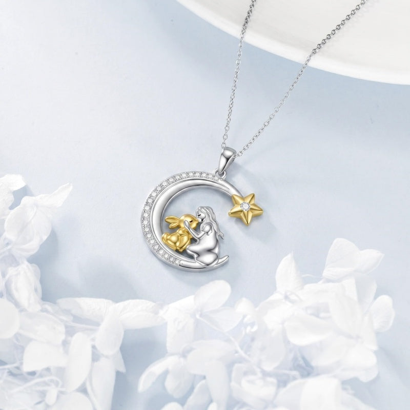 Sterling Silver Bunny Girl Pendant Necklace With Engraved Always in My Heart