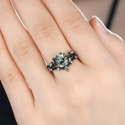 Sterling Silver 10K 14K 18K Gold 2CT Moss Agate Vine Leaf Women's Bridal Ring Sets for Wedding Engagement