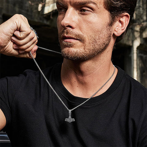 Sterling Silver Celtic Knot Wolf Thors Hammer Pendant Necklace for Men