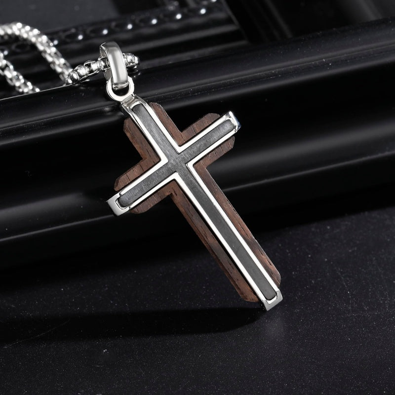 14K Gold Plated Wooden Abalone Shell Cross Pendant Necklacefor Men
