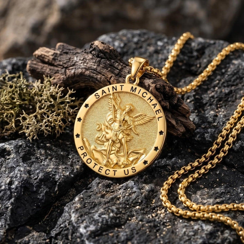 14K Gold Plated Saint Medal Christian  Pendant Necklace for Men