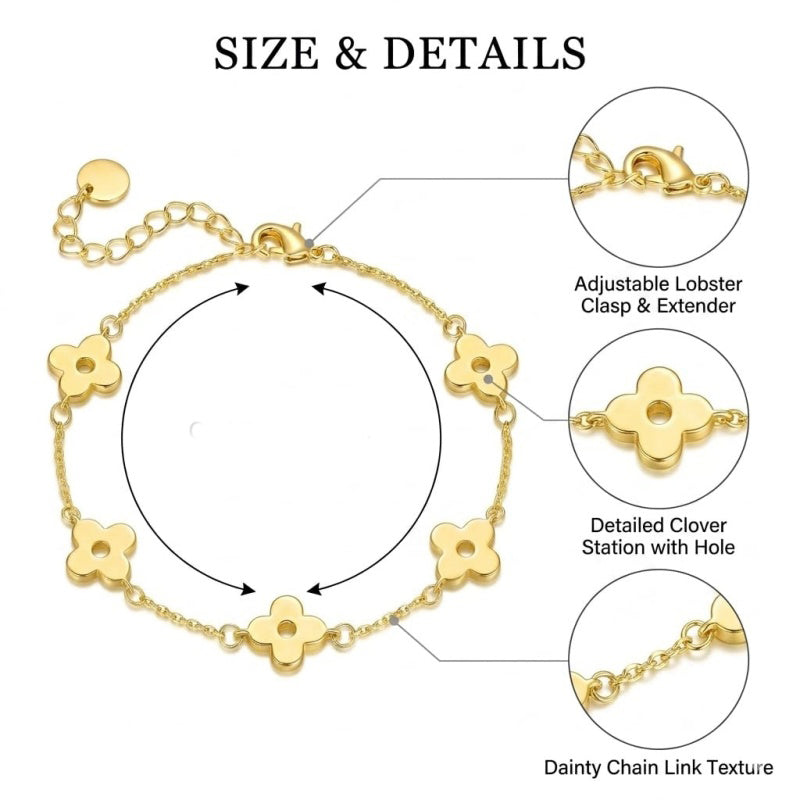 14K Gold Plated Four Leaf Clover Bracelet Adjustable Chain for Women
