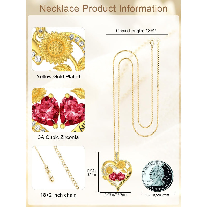 Double Birthstone Necklace 14K Gold Plated You Are My Sunshine Sunflower Necklace Heart Pendant Necklace