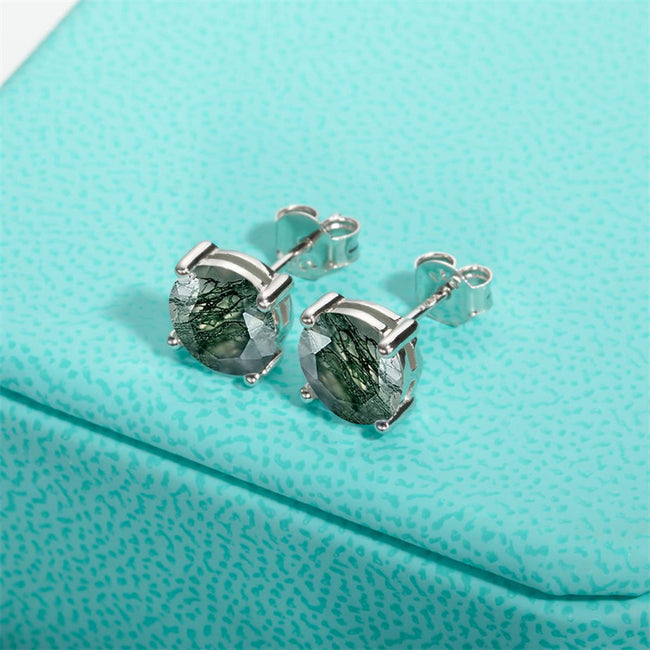 Natural Moss Agate Earring 925 Sterling Silver Stud Earrings for Women Green Gems Unique Gifts Jewelry