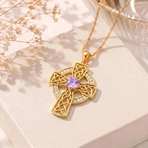 14K Gold Plated Birthstone Celtic Knotwork Cross Necklace for Women