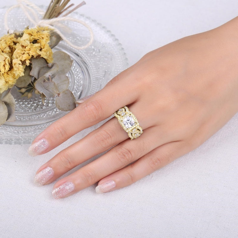 14K Gold Plated  1.5CT  Princess Cubic Zirconia Infinity Twist Engagement Rings  Anniversary Wedding Band Bridal Sets