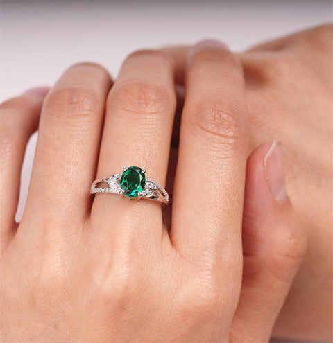Sterling Silver Oval Shaped 8X6 MM Gemstone Ring Leaf Engagement Ring for Women