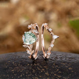 Sterling Silver 2CT Moss Agate  Engagement Wedding Ring Sets for Women