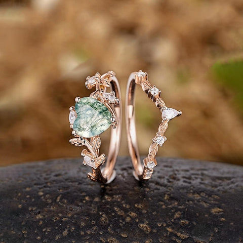 Sterling Silver 2CT Moss Agate  Engagement Wedding Ring Sets for Women