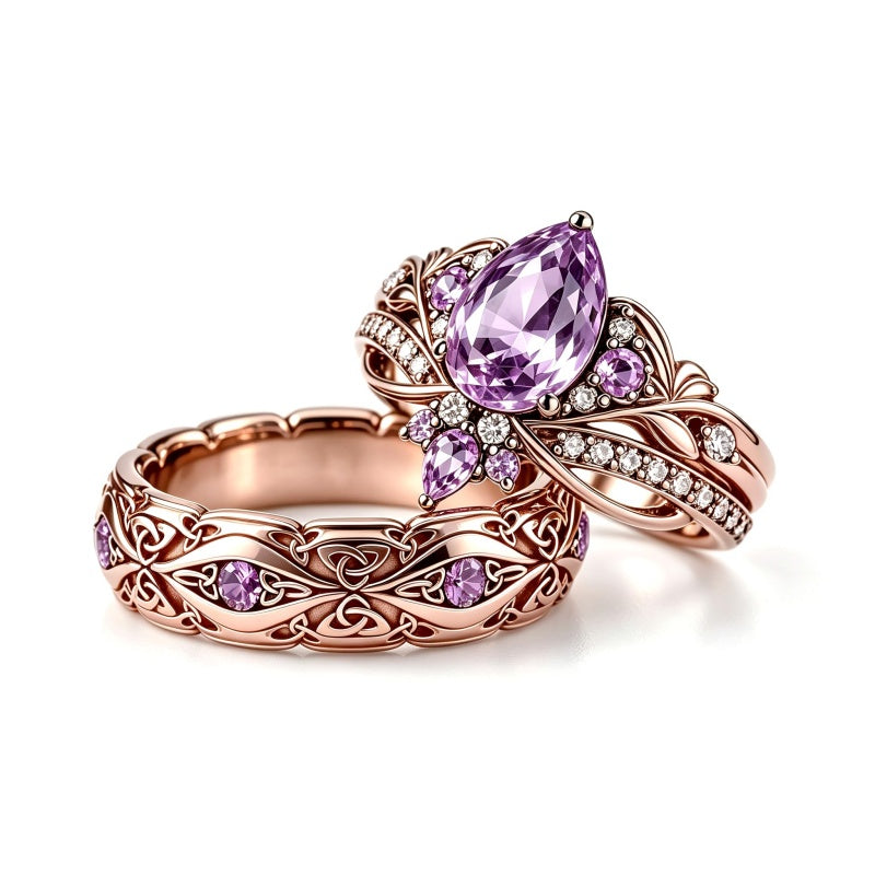 Sterling Silver 10K 14K 18K Gold Purple Gemstone Amethyst  Rings Set Couple Promise Rings Wedding Anniversary Rings