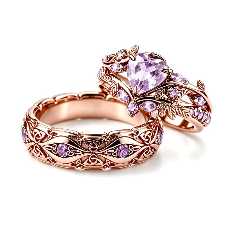 Sterling Silver 10K 14K 18K Gold Purple Gemstone Amethyst  Rings Set Couple Promise Rings Wedding Anniversary Rings