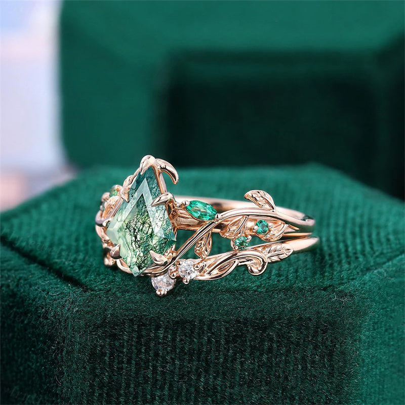 Sterling Silver 10K 14K 18K Gold Vintage Nature Moss Agate Engagement Ring Sets for Women