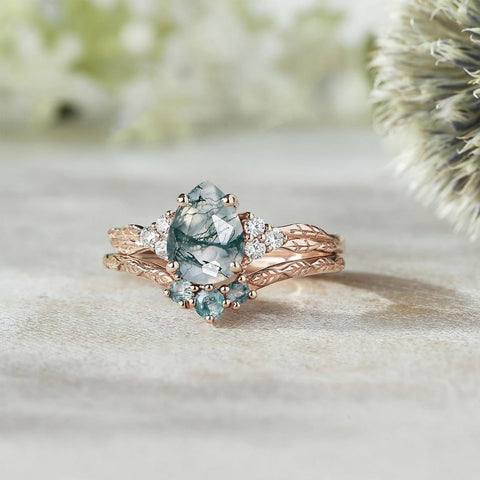 Sterling Silver 2CT Moss Agate  Engagement Wedding Ring Sets for Women