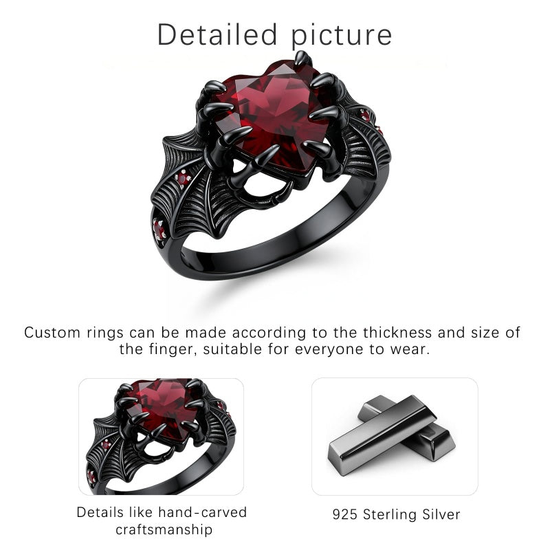Sterling Silver 10K 14K 18K Gold 2-5CT Heart  Birthstone  Gothic Skeleton Halloween Skull Bat Ring