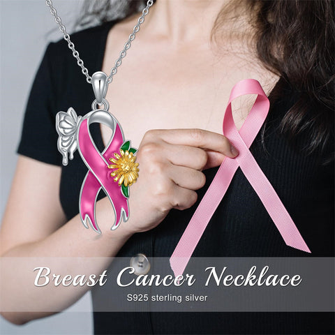 Sterling Silver Butterfly Glove Fight Sunflower Pink Ribbon Pink Breast Cancer Awareness Pendant Necklace