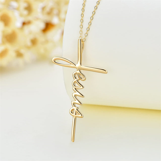 Solid 14K Gold Jesus Cross Necklace Hope Believe Pendant Necklace Religious Jewelry for Women Anniversary Birthday Mother's Day
