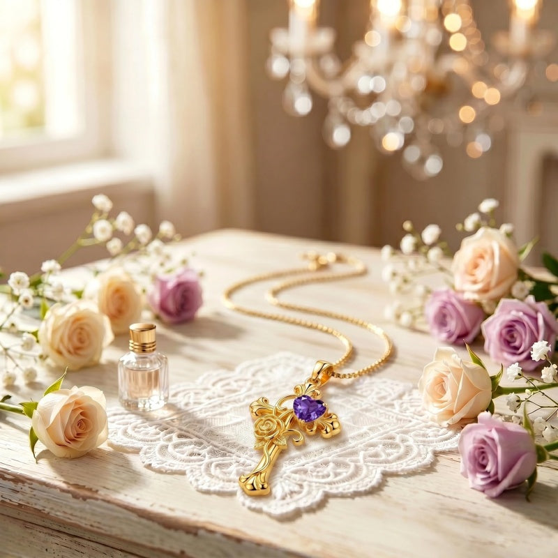 14K Gold Plated Heart Shape Birthstone Rose Flower Cross Necklace for Women  Religious Christian Jewelry