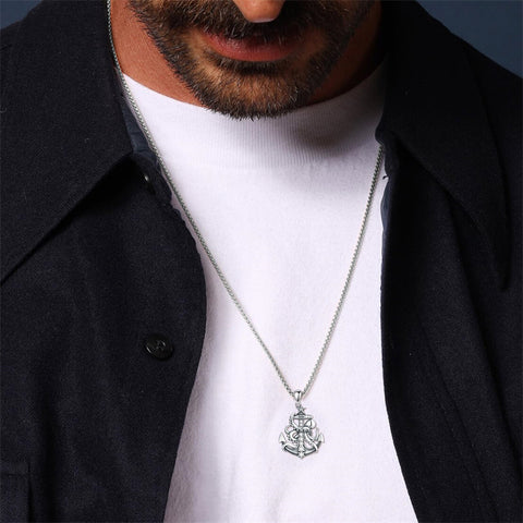 Sterling Silver Earth Swordfish Trident Compass Anchor Pendant Necklace