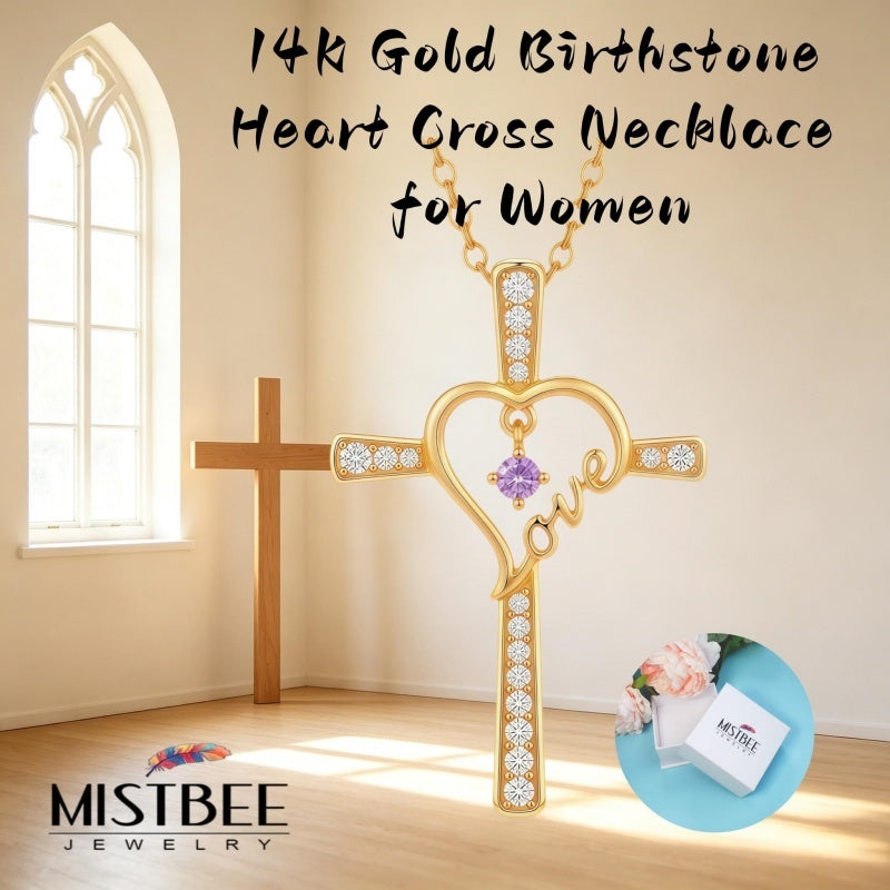 14K Gold Plated  Birthstone  LOVE Heart Cross Necklace for Women Faith Jewelry