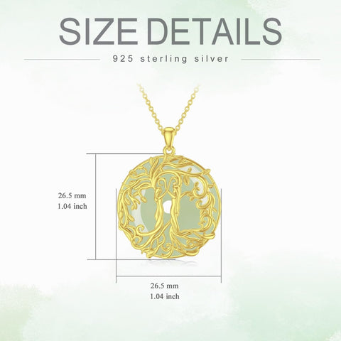 14k Gold Plated Sterling Silver Round Jade Tree of Life Necklace Good Fortune Jewelry for Women