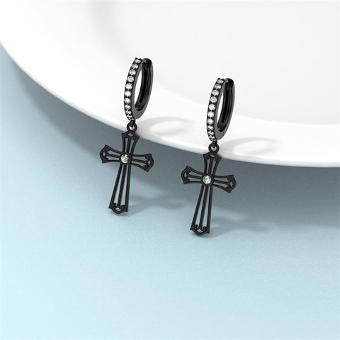 Sterling Silver Black Sword Cross Hoop Earrings Gift for Men Women