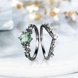 Sterling Silver 10K 14K 18K Gold Vintage Nature Moss Agate Engagement Ring Sets for Women