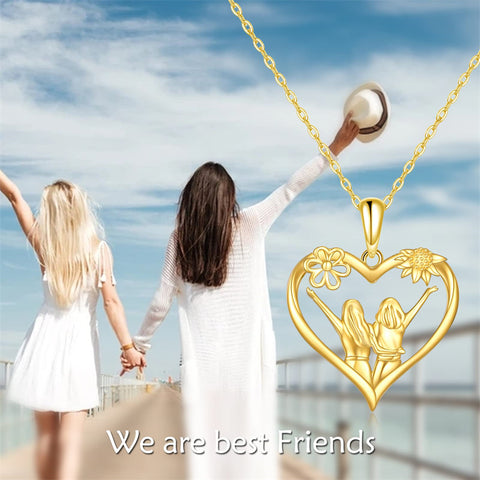 14K Solid Yellow Gold Sister Necklace for Women Love Heart Friendship Pendant Jewelry Gifts for Sister