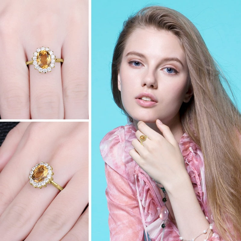 14K Yellow Gold Plated Birthstone Halo Engagement Rings for Women
