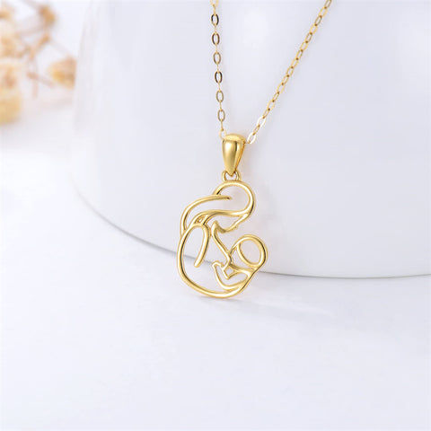14K Yellow Gold Mother and Child Pendant Necklaces for Women