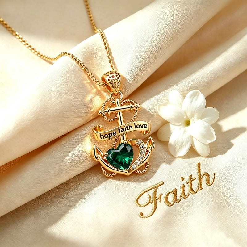 14K Gold Plated Heart Birthstone Anchor Necklace Engraved with Hope Faith Love