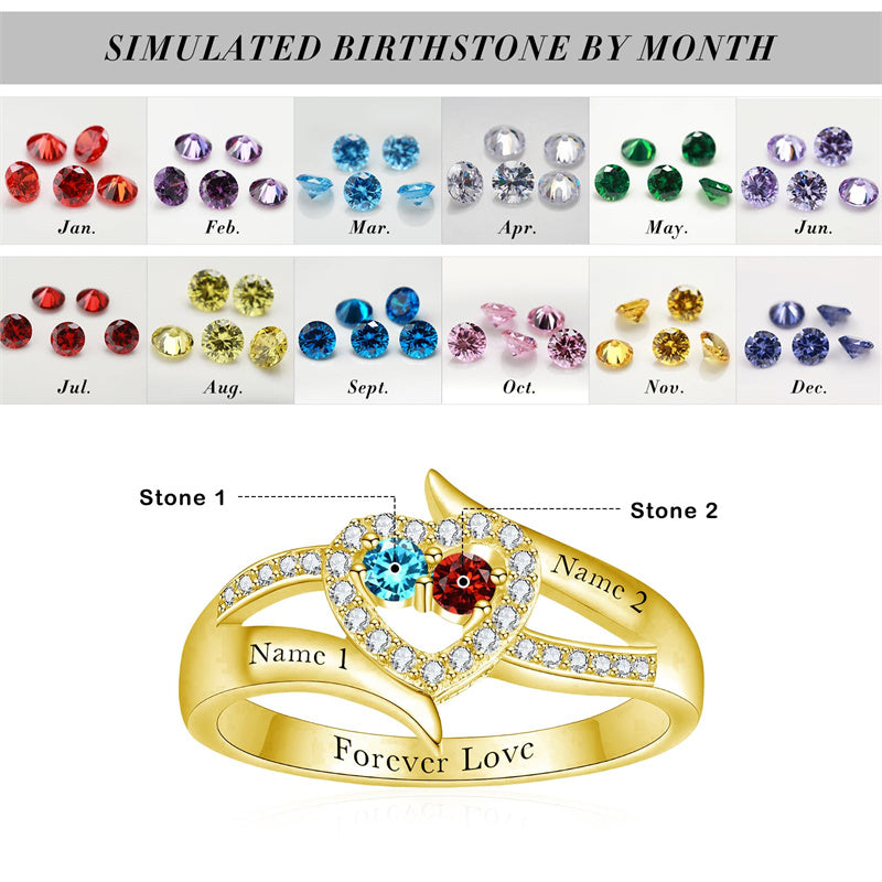 10K 14K 18K Gold Personalized 2 Birthstones Engraved Ring Mother's Day Gift