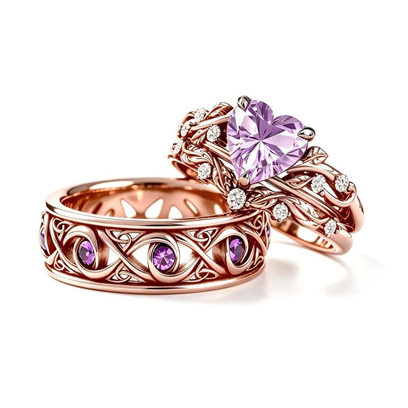 Sterling Silver 10K 14K 18K Gold Purple Gemstone Amethyst  Rings Set Couple Promise Rings Wedding Anniversary Rings