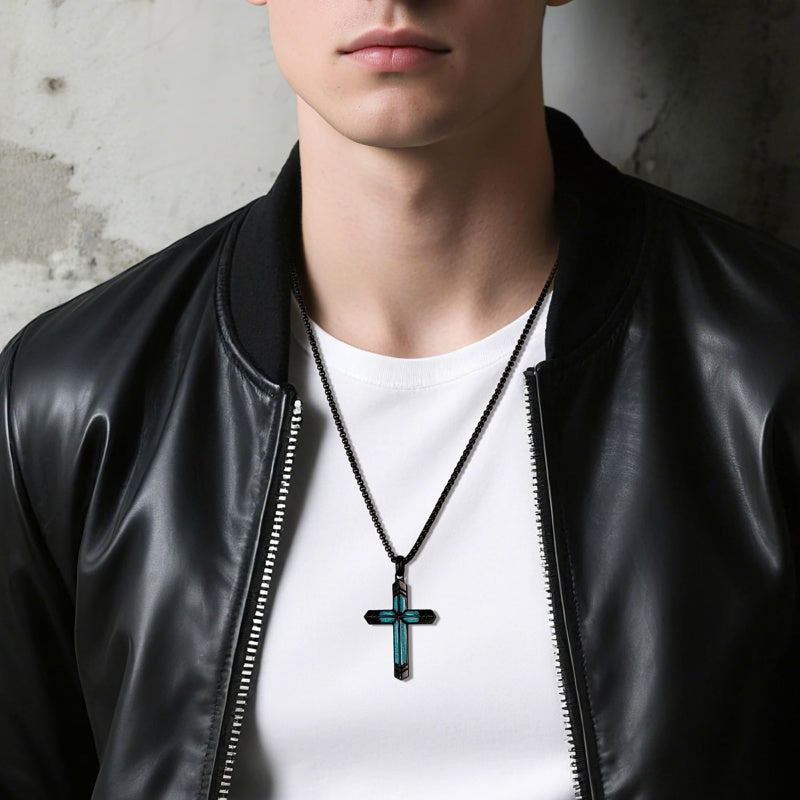 14K Gold Plated Turquoise Malachite Cross Necklace for Men Christianity Cross Jewelry