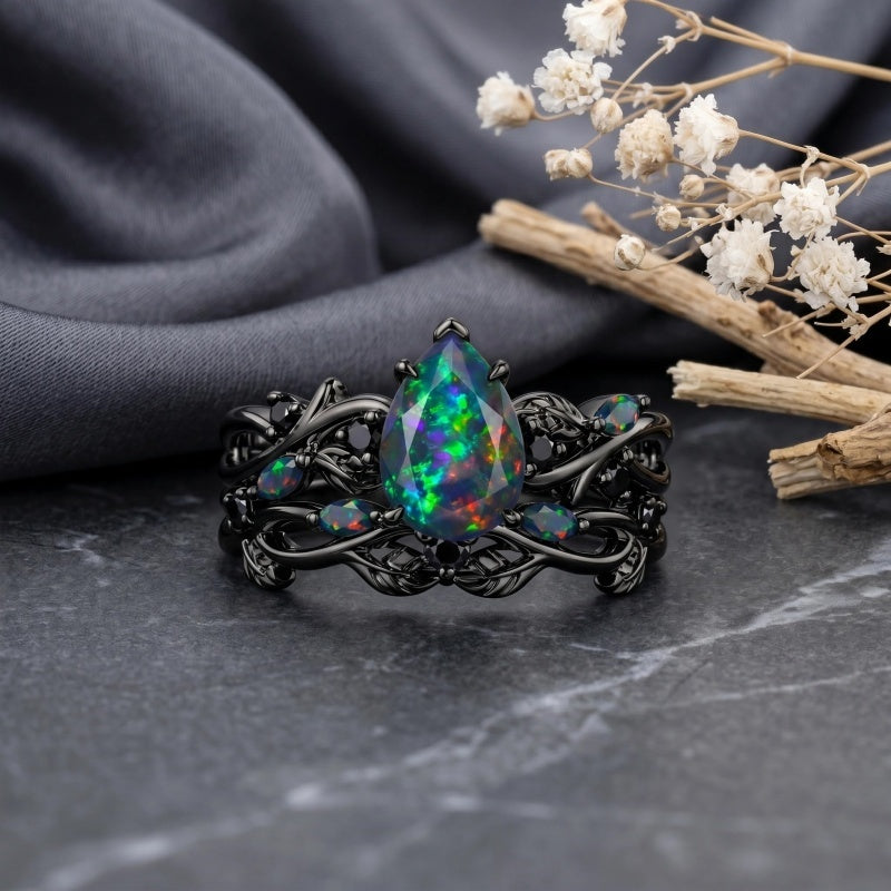 Sterling Silver 10K  14K  18K  Gold Personalized Engraved Black Opal Engagement Wedding Promise Ring for Her