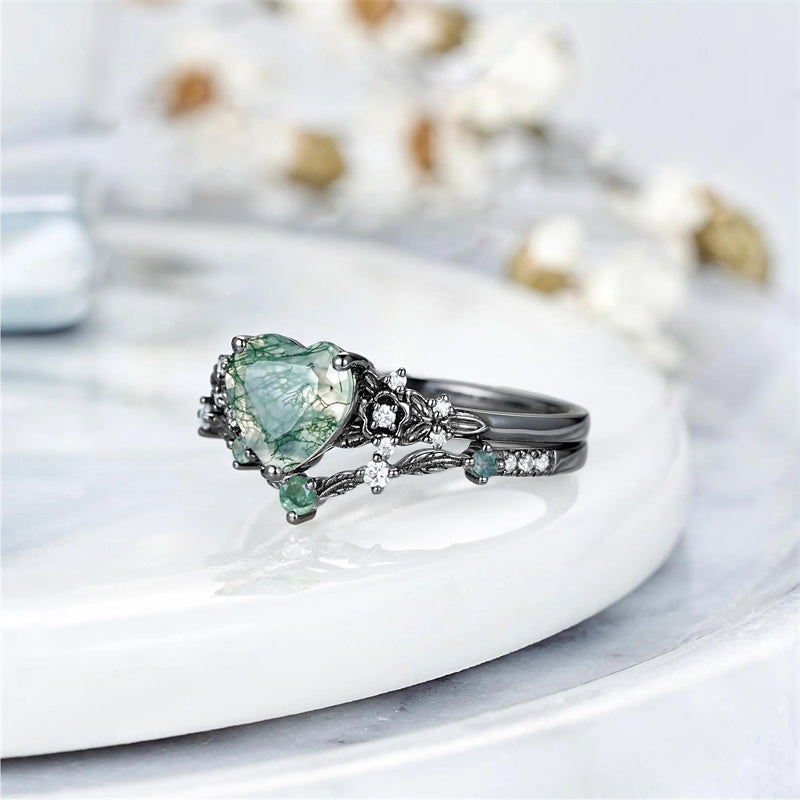 Sterling Silver 10K 14K 18K Gold Vintage Nature Moss Agate Engagement Ring Sets for Women