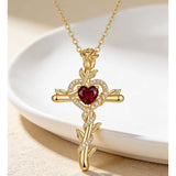 14K Gold Plated Heart Birthstone Rose Cross  Pendant Necklace  Religious Christian Jewelry for Women