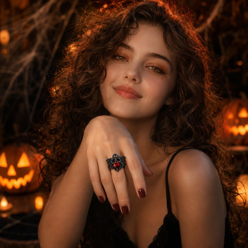 Sterling Silver  10K 14K 18K Gold Pear Shaped Birthstone Halloween Skull Bat Ring Wedding Ring  Punk Rock Jewelry