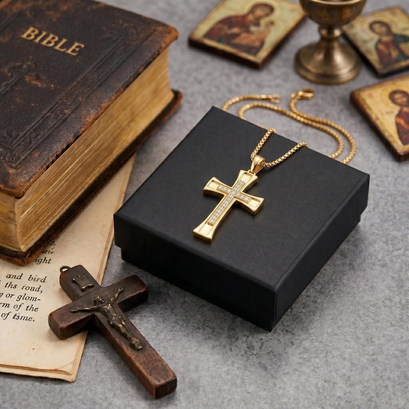 14K Gold Plated Cubic Zircon Cross Pendant Necklace for Men Birthdays Anniversary Christmas Father's Day Gift