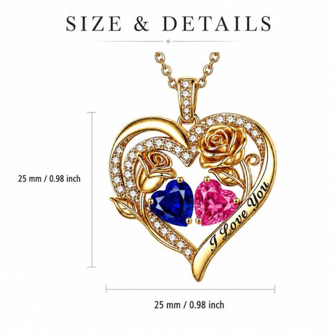 14K Gold Plated Double Heart Birthstone Rose Pendant Necklace for Women